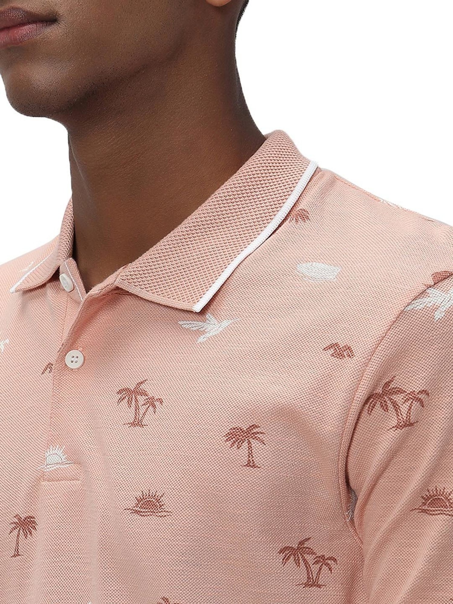 Mufti Peach Slim Fit Printed Cotton Polo T-Shirt