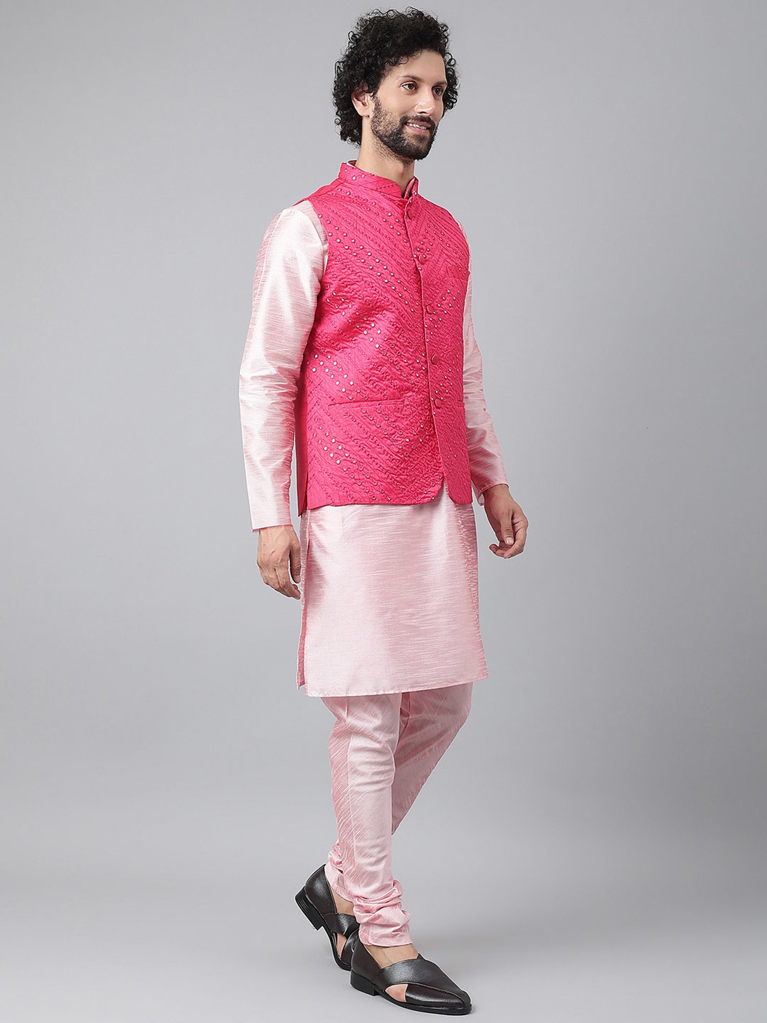 Hangup Plus Pink Regular Fit Kurta & Churidar Set With Nehru Jacket