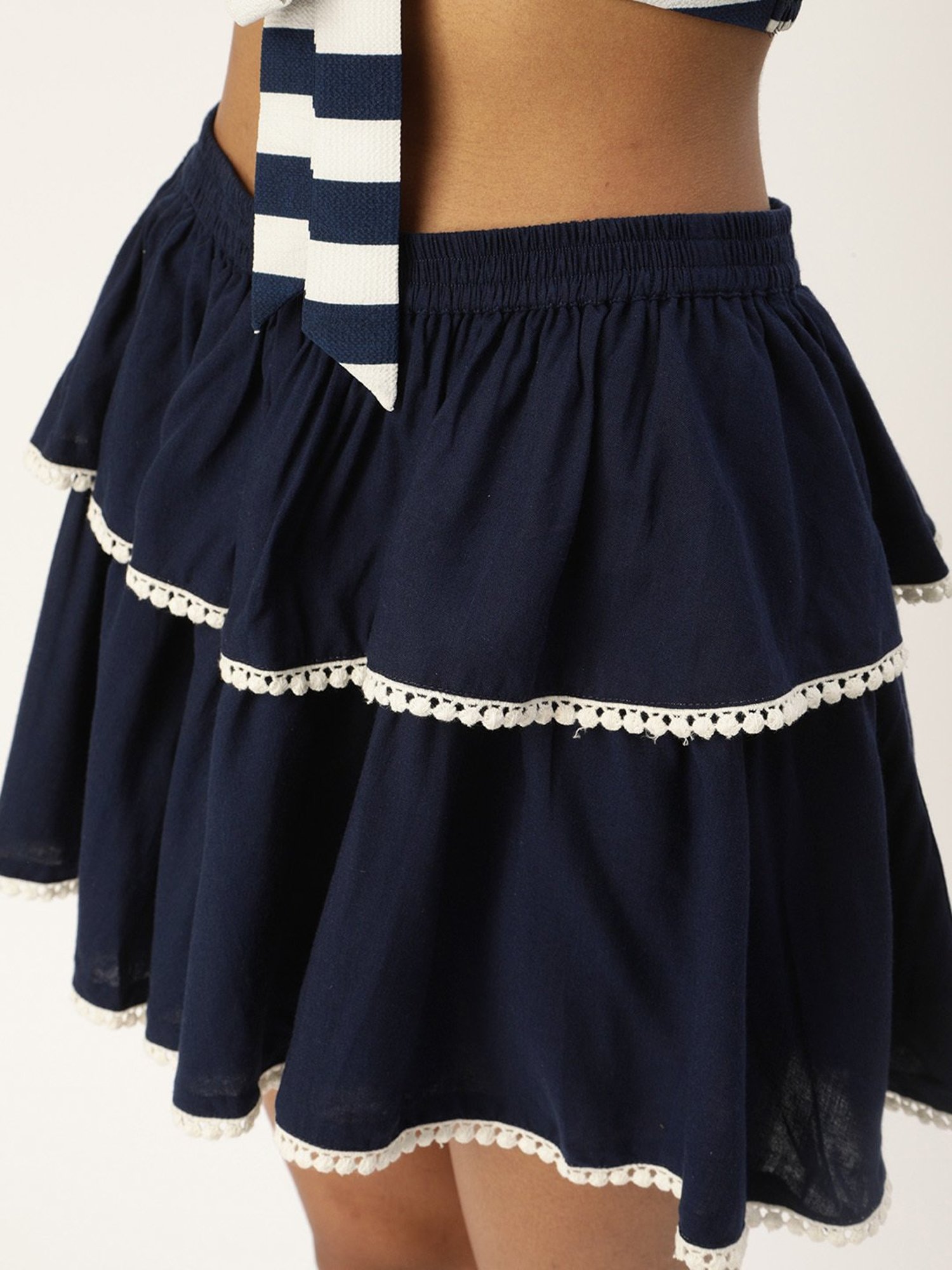 QUIERO Navy Striped Crop Top With Skirt