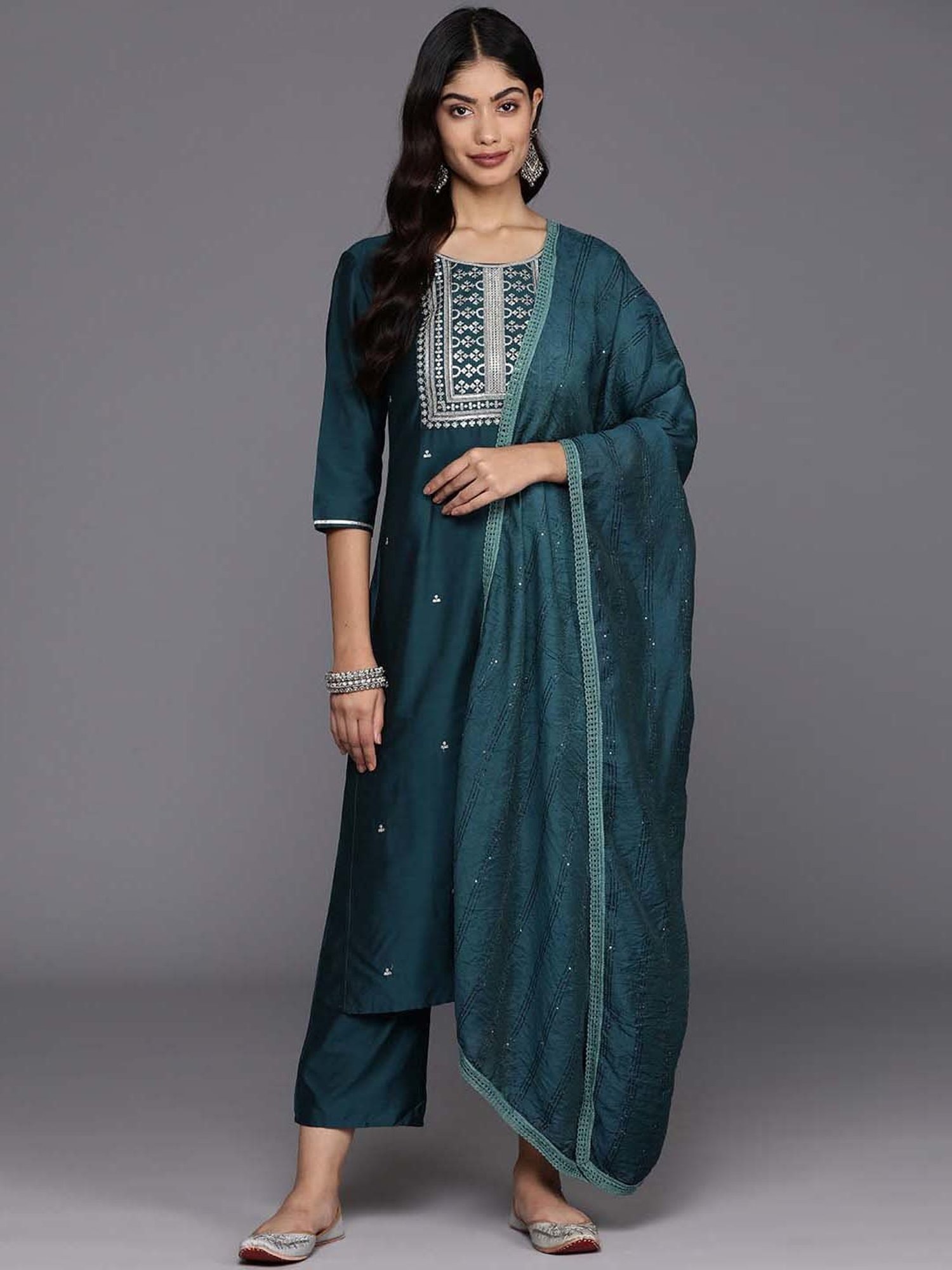 Gerua Blue Embroidered Kurta Pant Set With Dupatta