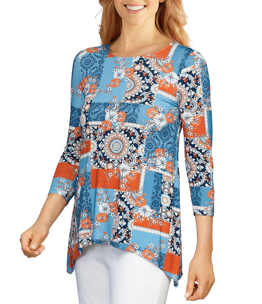 Ruby Rd. Medallion Patchwork Print Knit 3/4 Sleeve Handkerchief Hem Top