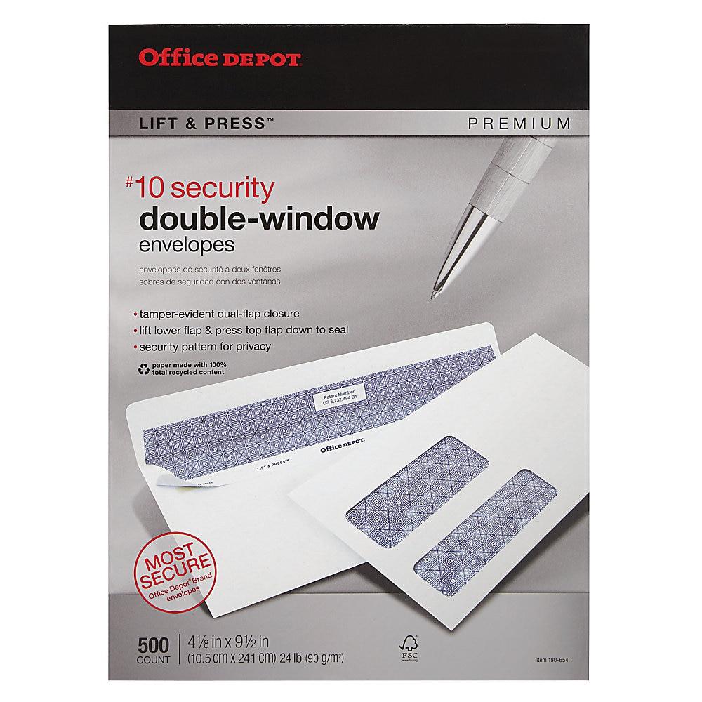 Office Depot 100% Recycled Lift  Press(TM) Double-Window Envelopes, #10 (4 1/8in. x 9 1/2in.), White, Box Of 500, 76133
