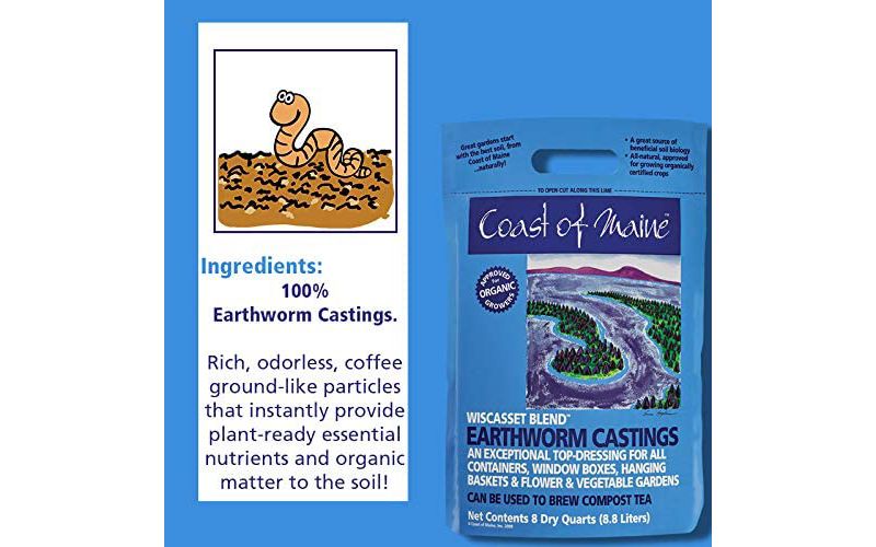 Coast of Maine OMRI Listed Wiscasset Blend Earthworm Castings Compost Plant Potting Soil Blend for Container Gardens and Flower Pots, 8 Quart Bag