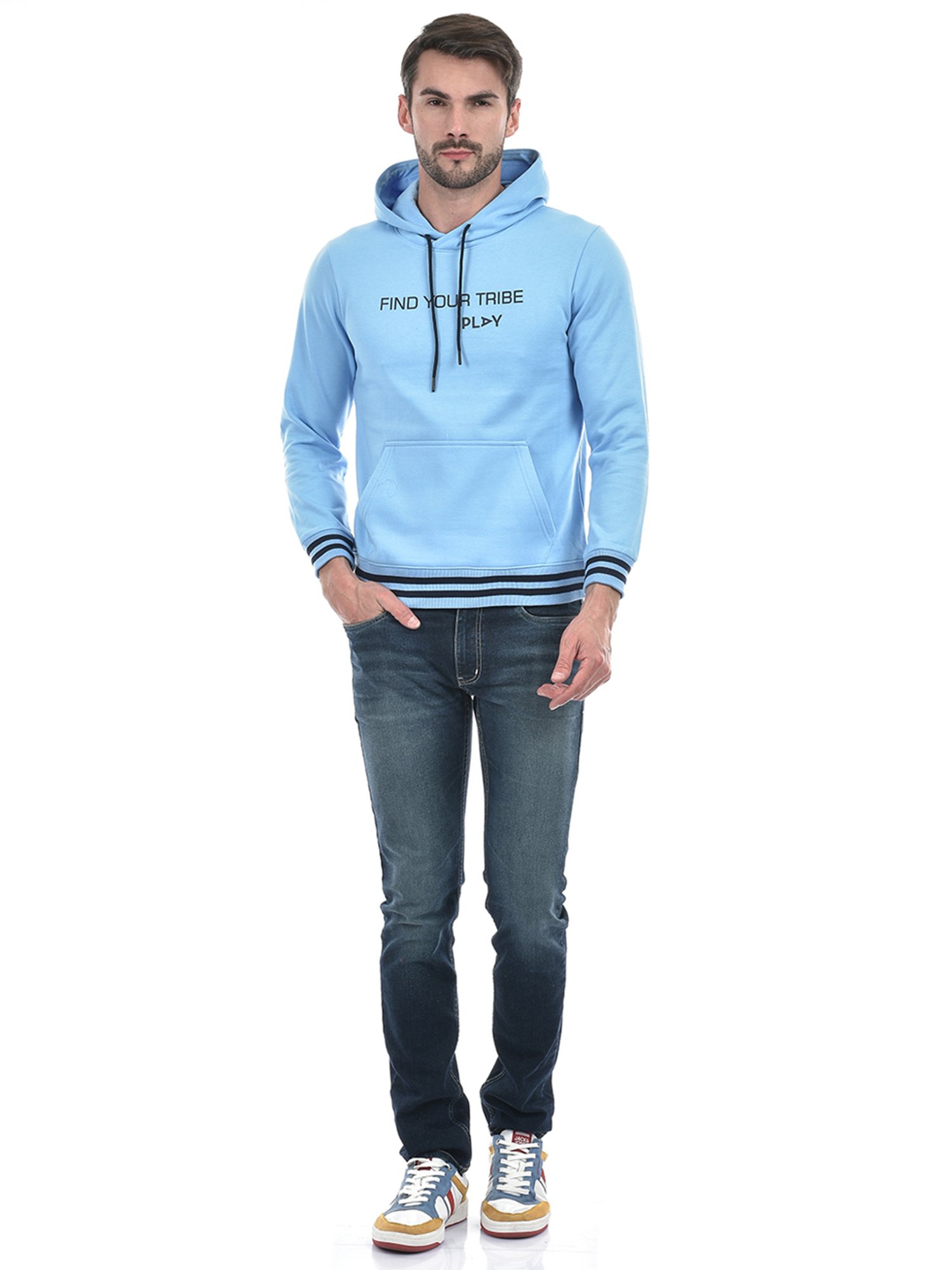 Integriti Light Blue Regular Fit Printed Hooded Sweatshirt