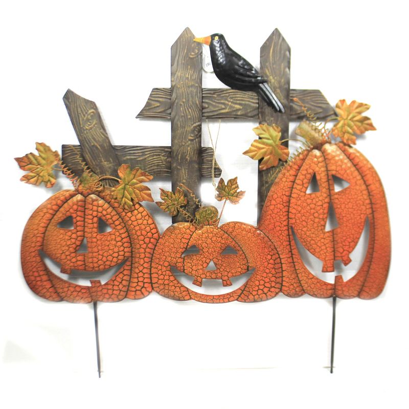 Home & Garden 34.0" 3 Pumpkins On Fence Stake Crow Indoor Outdoor Direct Designs International  -  Decorative Garden Stakes