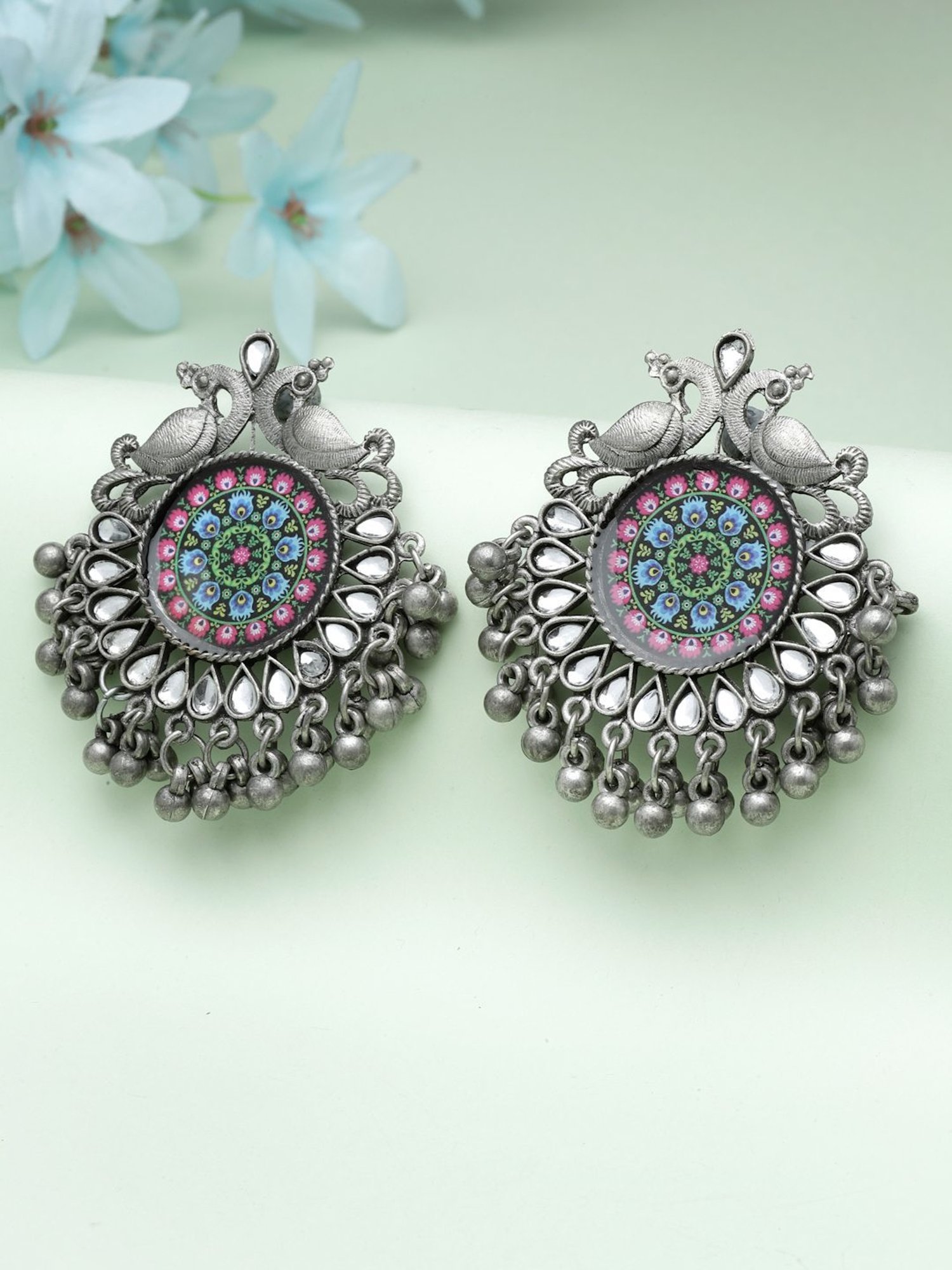 Moedbuille Stones and Ghungru Meenakari Work Oxidised Silver Plated Antique Tribal Earrings