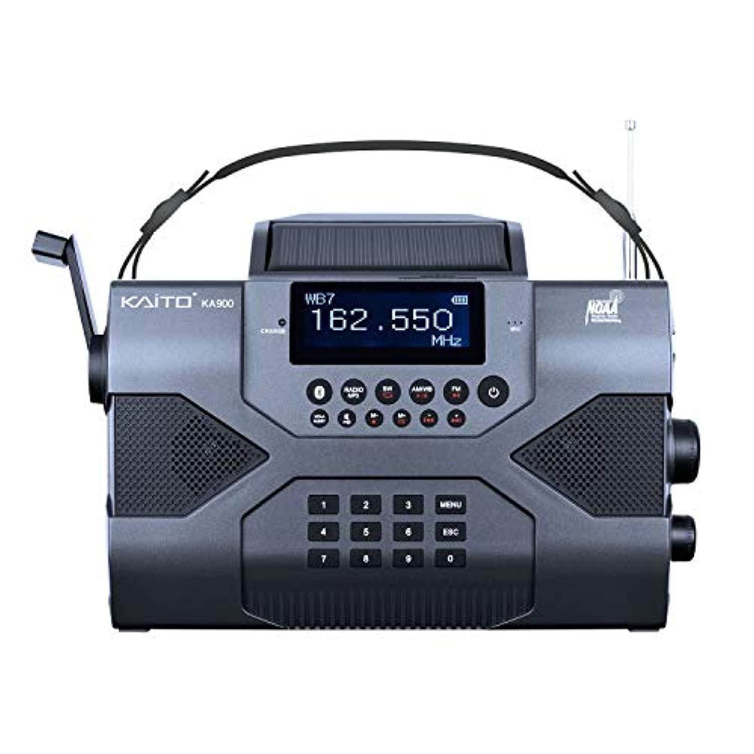 kaito emergency radio voyager max ka900 digital solar dynamo crank wind up am/fm/sw & noaa weather stereo radio receiver bluetooth, realtime alert, mp3 player, recorder & phone charger, black