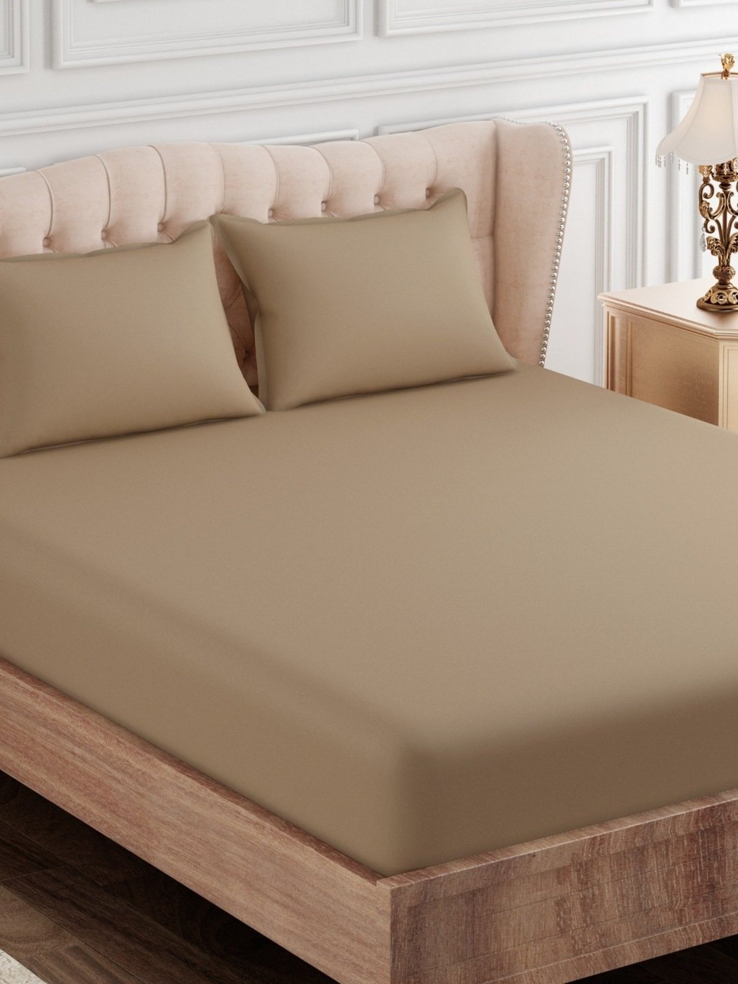 SEJ by Nisha Gupta Solid Brown 300 TC Cotton King Bed Sheet with 2 Pillow Covers