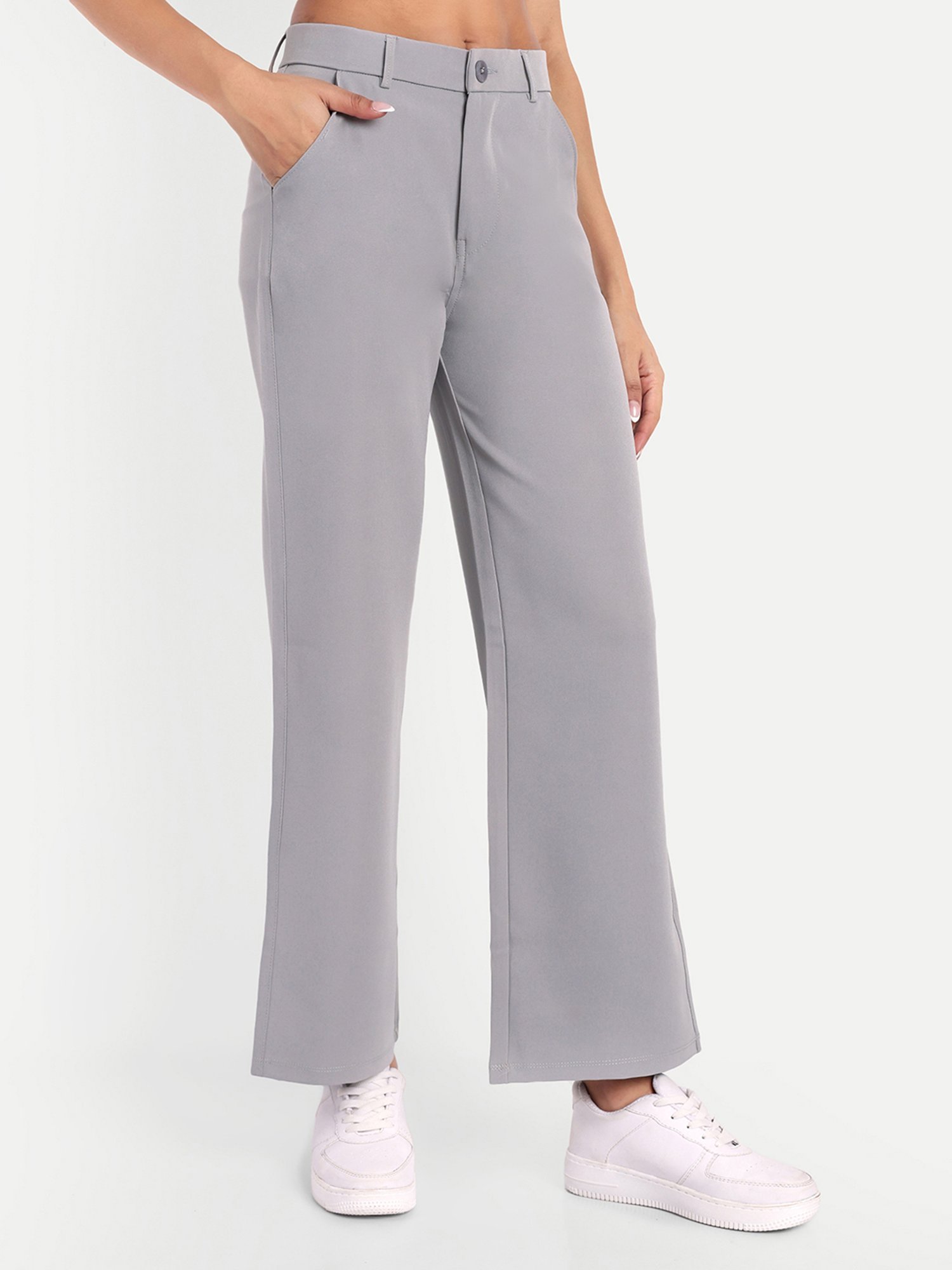 Broadstar Grey Straight Fit High Rise Stretchable Trousers