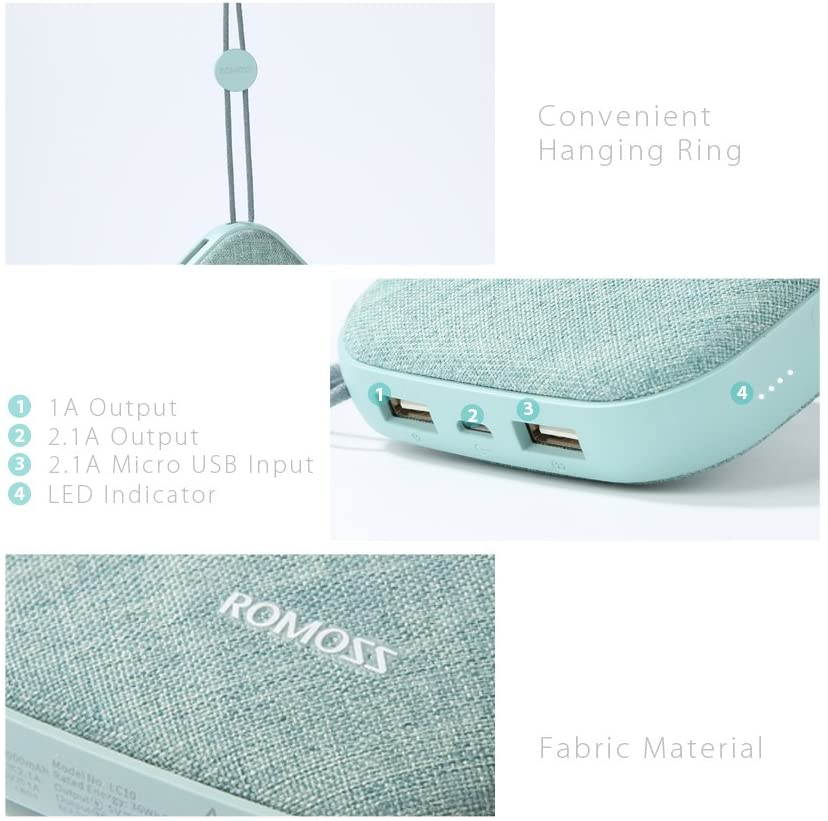 ROMOSS Style Power Bank 10,000mAh, Candybox 2.1A Dual USB Fabric Portable Charger with Hanging Ring Compatible for iPhone X, Samsung Galaxy S9 and More (Candy Green)