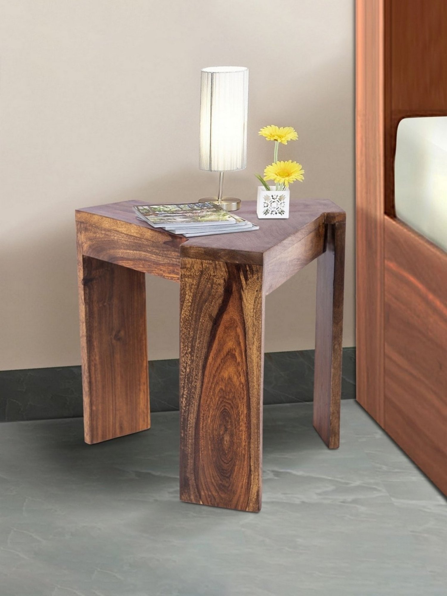 Ikiriya Avina Solid Brown Wood End Table Teak Finish