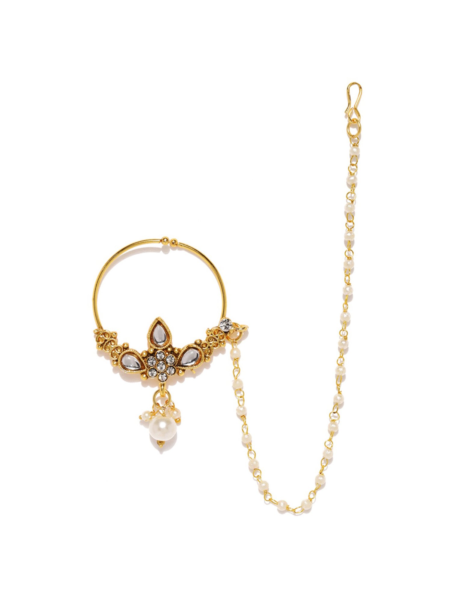 Zaveri Pearls Clear & Pearl White Alloy Nose Ring