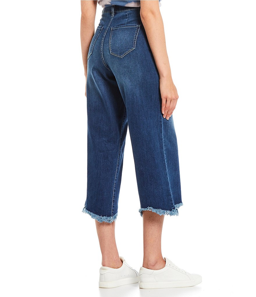 Frayed High Rise Button Front Wide Leg Cropped Jeans