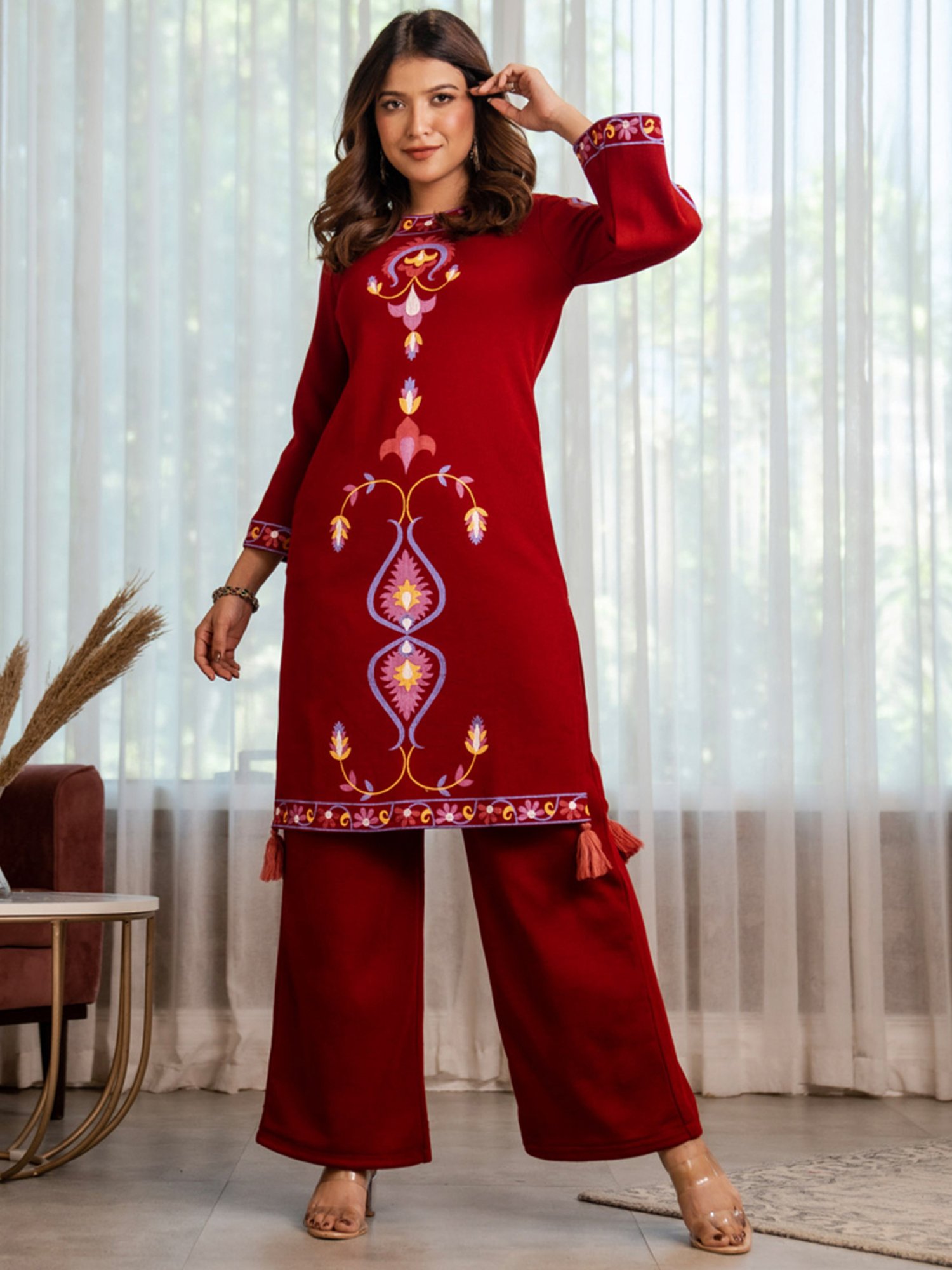 Rustorange Maroon Printed Straight Kurta
