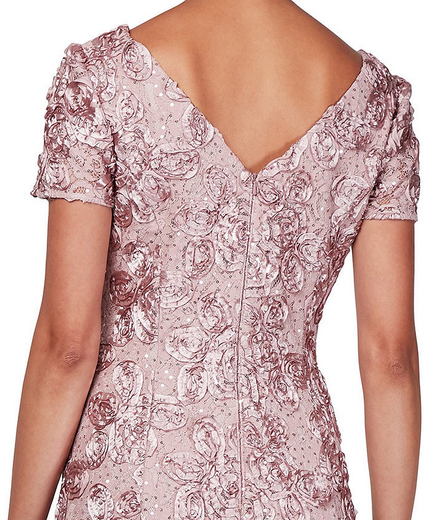 Alex Evenings Sequined-Lace Rosette-Rose Gown