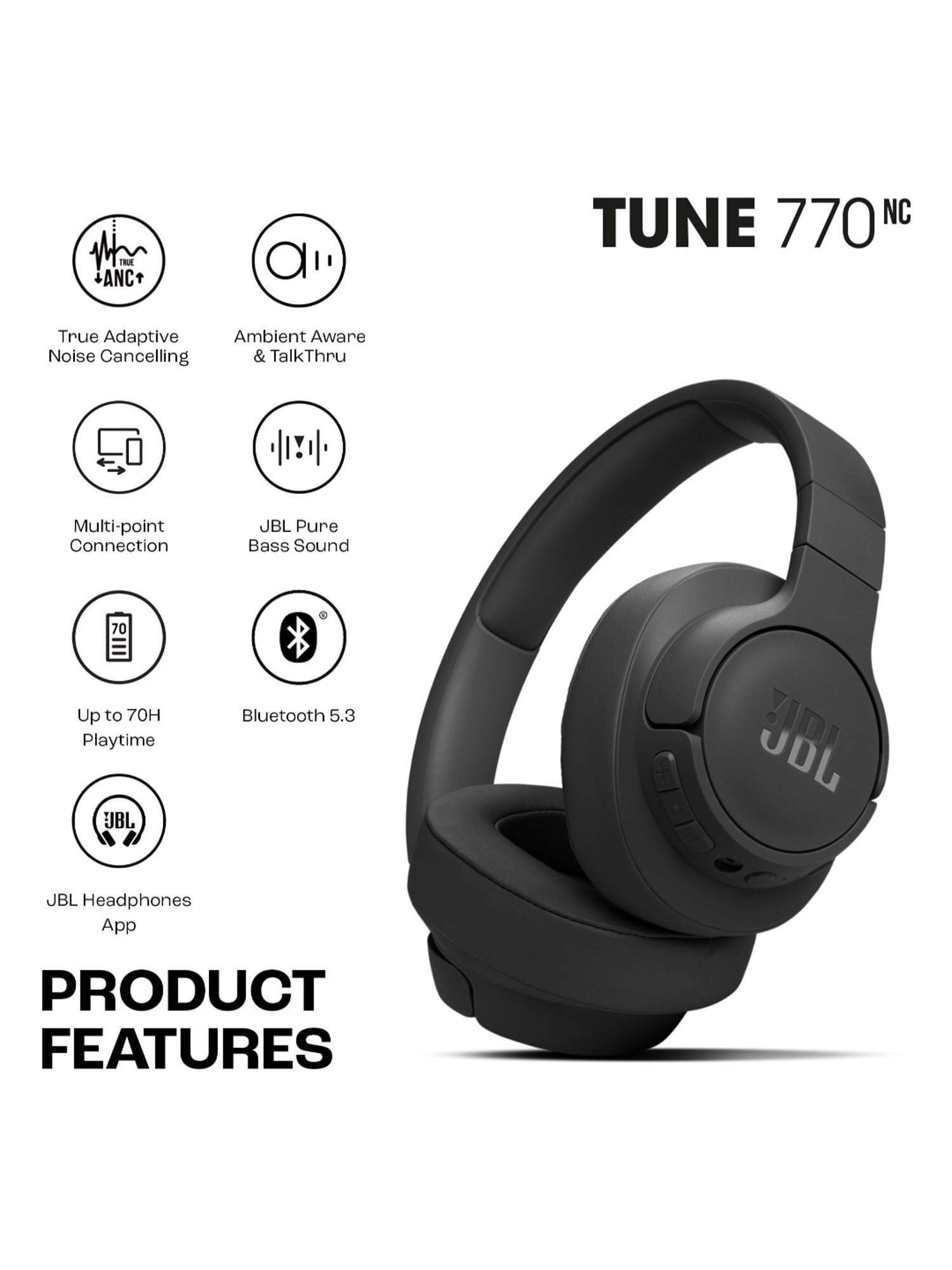 JBL Tune 770NC Wireless Over Ear ANC Headphones with Upto 70 Hrs Playtime, Google Fast Pair (White)