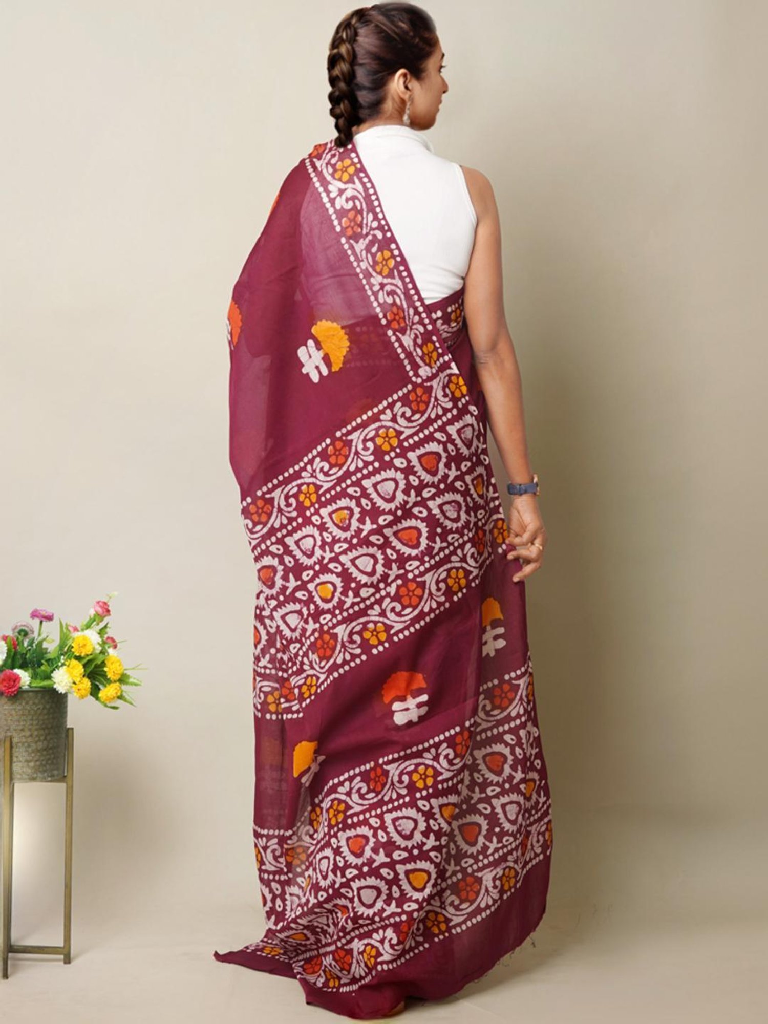 Unnati Silks Maroon Cotton Printed Saree With Unstitched Blouse