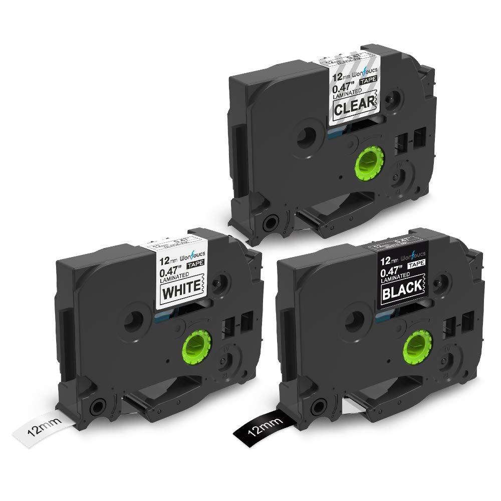 3-Pack Compatible Ptouch Color Tape, 12mm 0.47 Inch Laminated Brother P Touch White/Clear/Black Label Tape Work with PT-D210/PT-D200/PT-1890 Label Maker (TZe-131/TZe-231/TZe-335)