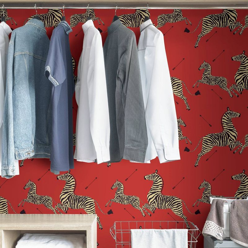 Brewster Zebra Safari Scalamandre Self Adhesive Wallpaper Masai Red