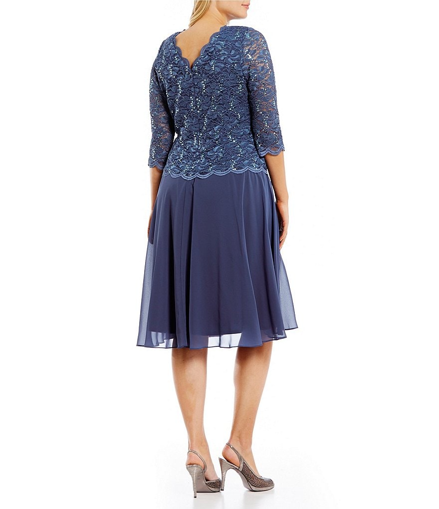 Alex Evenings Plus Size Sequin Lace 3/4 Illusion Sleeve Scallop Round Neck Bodice Chiffon Skirted Tea Length Dress