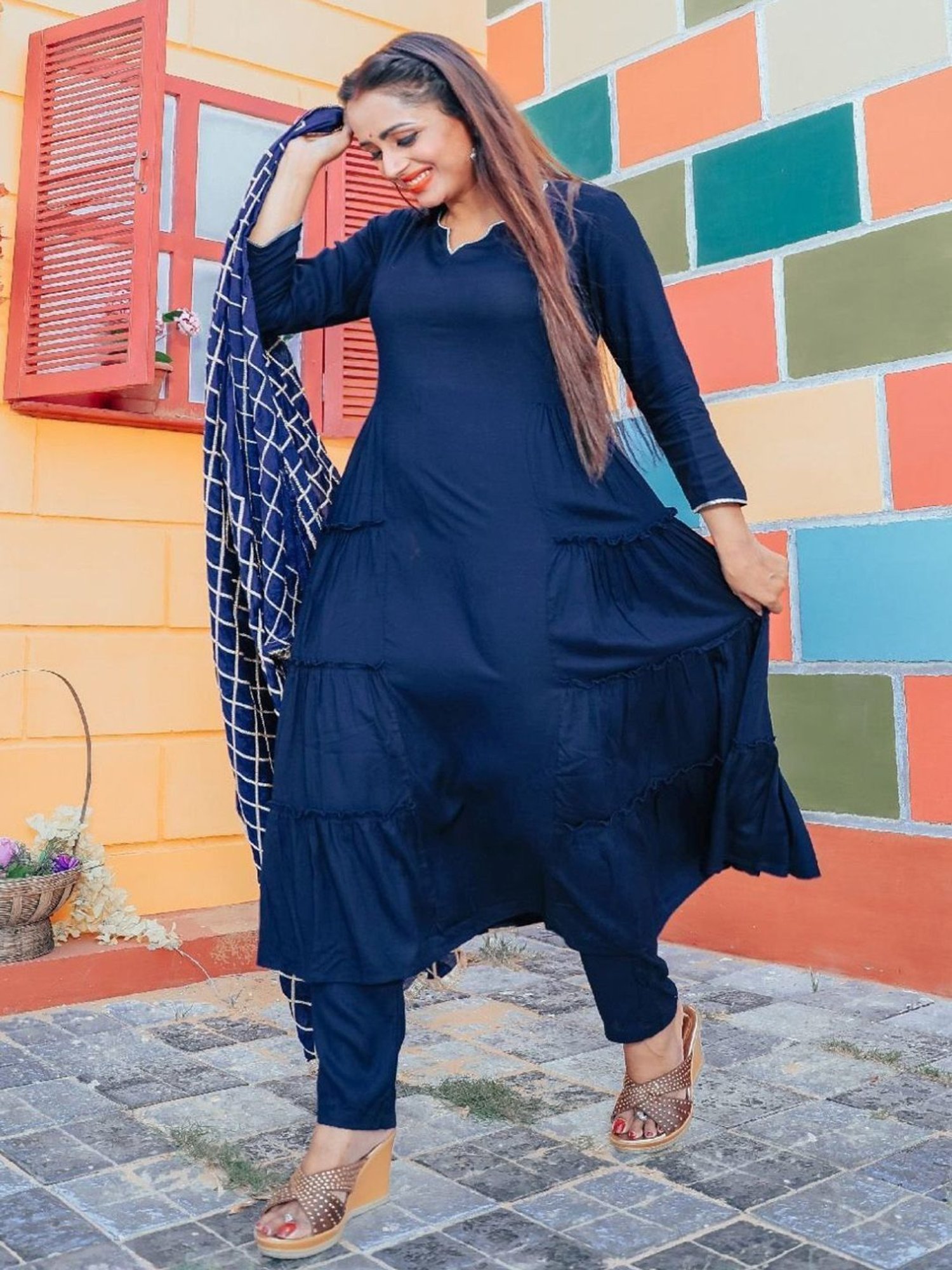 Thread and Button ?egyptian Blue Kurta and Bottom with Gotta Jaal Dupatta
