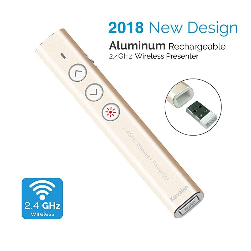Aluminum 24G Rechargeable Wireless Presenter Remote Clicker with Red Pointer Mac Keynote and Windows PowerPoint PPT Clicker Office Presentation Pointer Gold