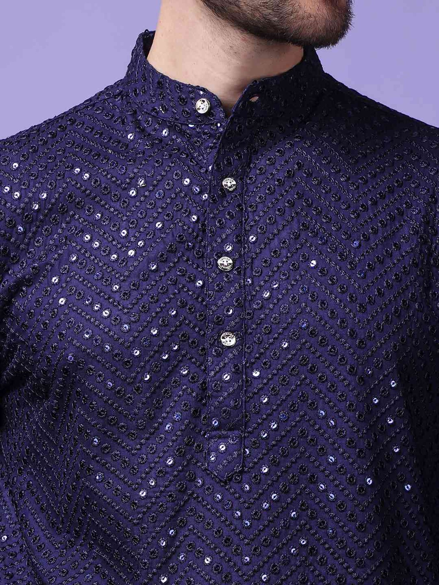 Hangup Navy Blue & White Regular Fit Embellished Kurta Bottom Set