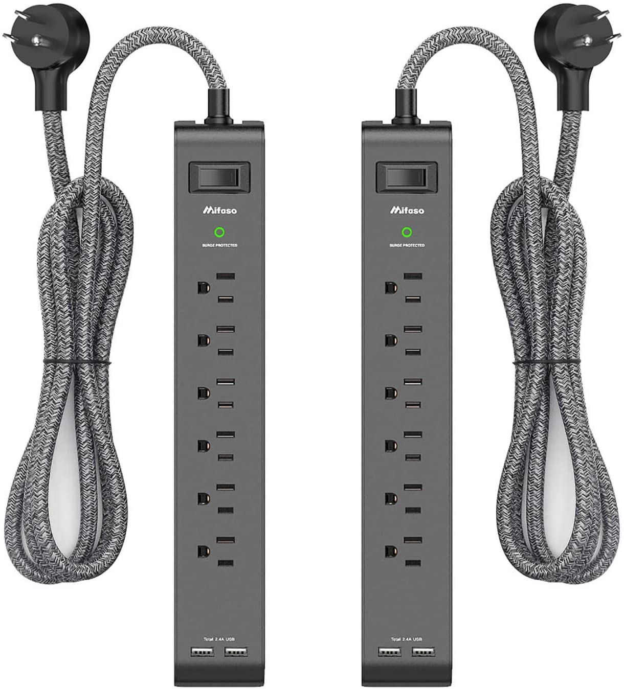 2 Pack Surge Protector Power Strip with 6 Outlets 2 USB Ports 5-Foot Long Heavy-Duty Braided Extension Cords Flat Plug 900 Joules 15A Circuit Breaker Wall Mount for Home Office