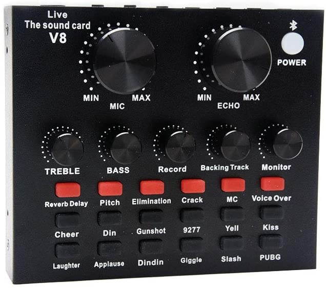 V8 Live Sound Card, Karaoke Sound Mixer Recording Sound Card USB Audio Interface Intelligent Volume Adjustable Audio Mixer Sound Card with Multiple Funny Sound Effect