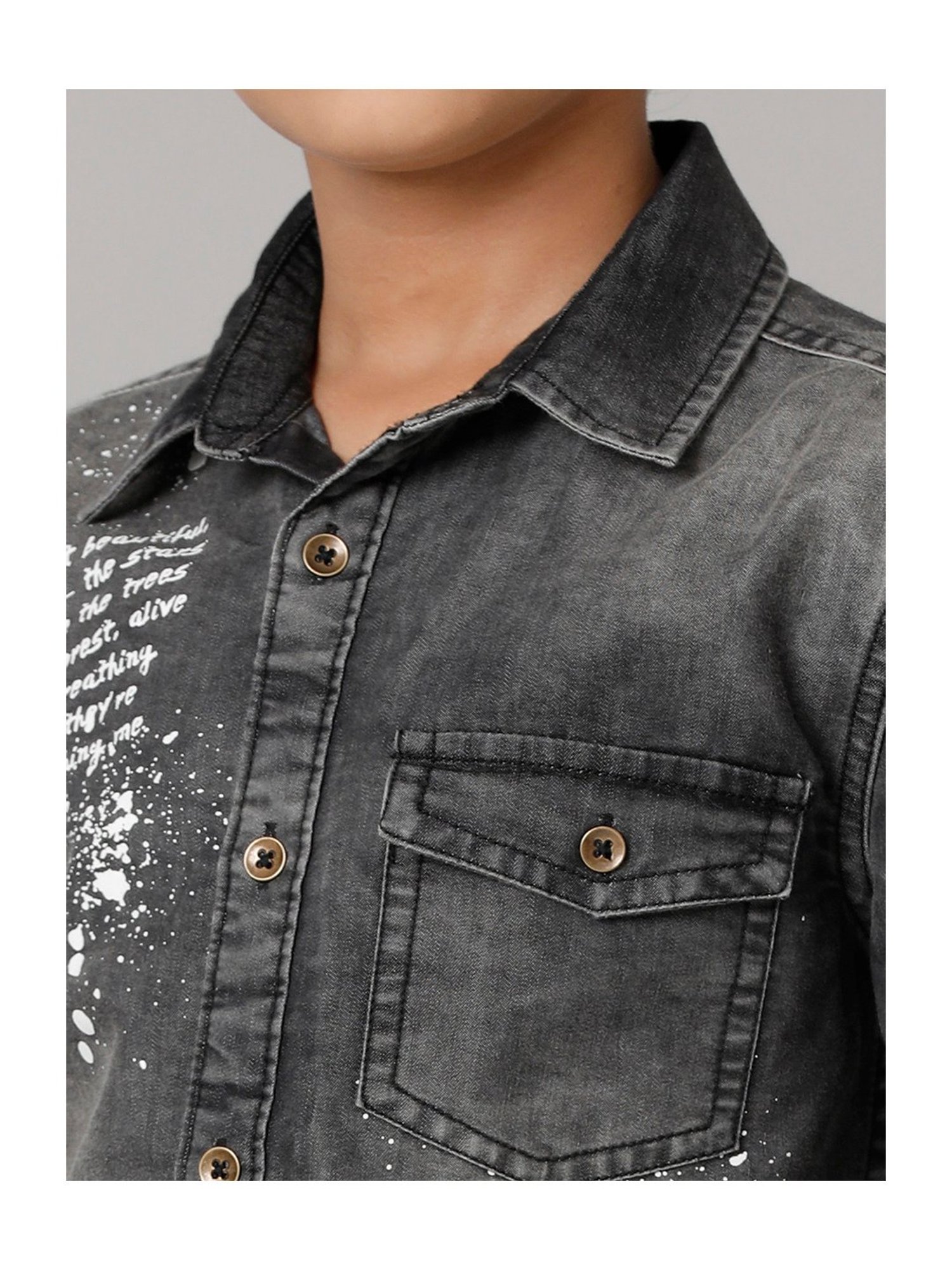 Under Fourteen Only Kids Black Printed Full Sleeves Denim Shirt
