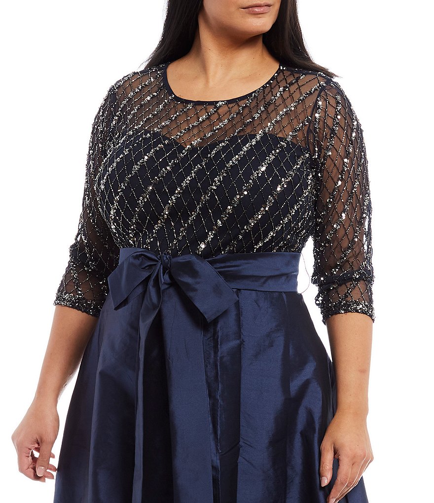 Pisarro Nights Plus Size Beaded 3/4 Sleeve Illusion Boat Neck Dress