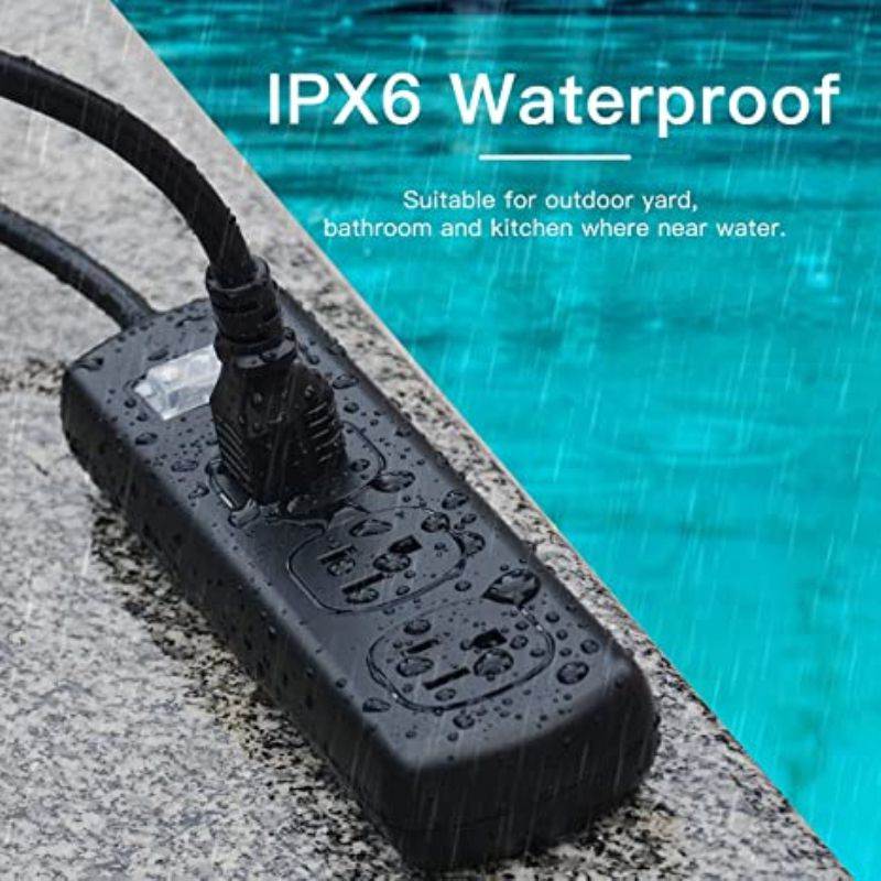 Outdoor Waterproof Power Strip, 6ft Long Extension Cord Surge Protector(1500 Joules),3-Outlets Electric Shockproof Charging Station for Outside Deck Yard Lighting, Wall Mount Outlet Strip,Black