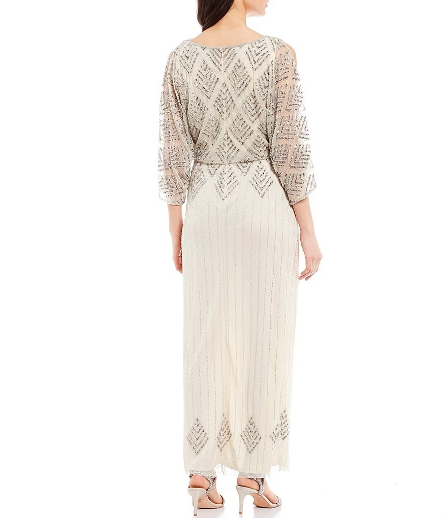 Pisarro Nights Diamond Beaded Blouson Slit Sleeve Detail Gown