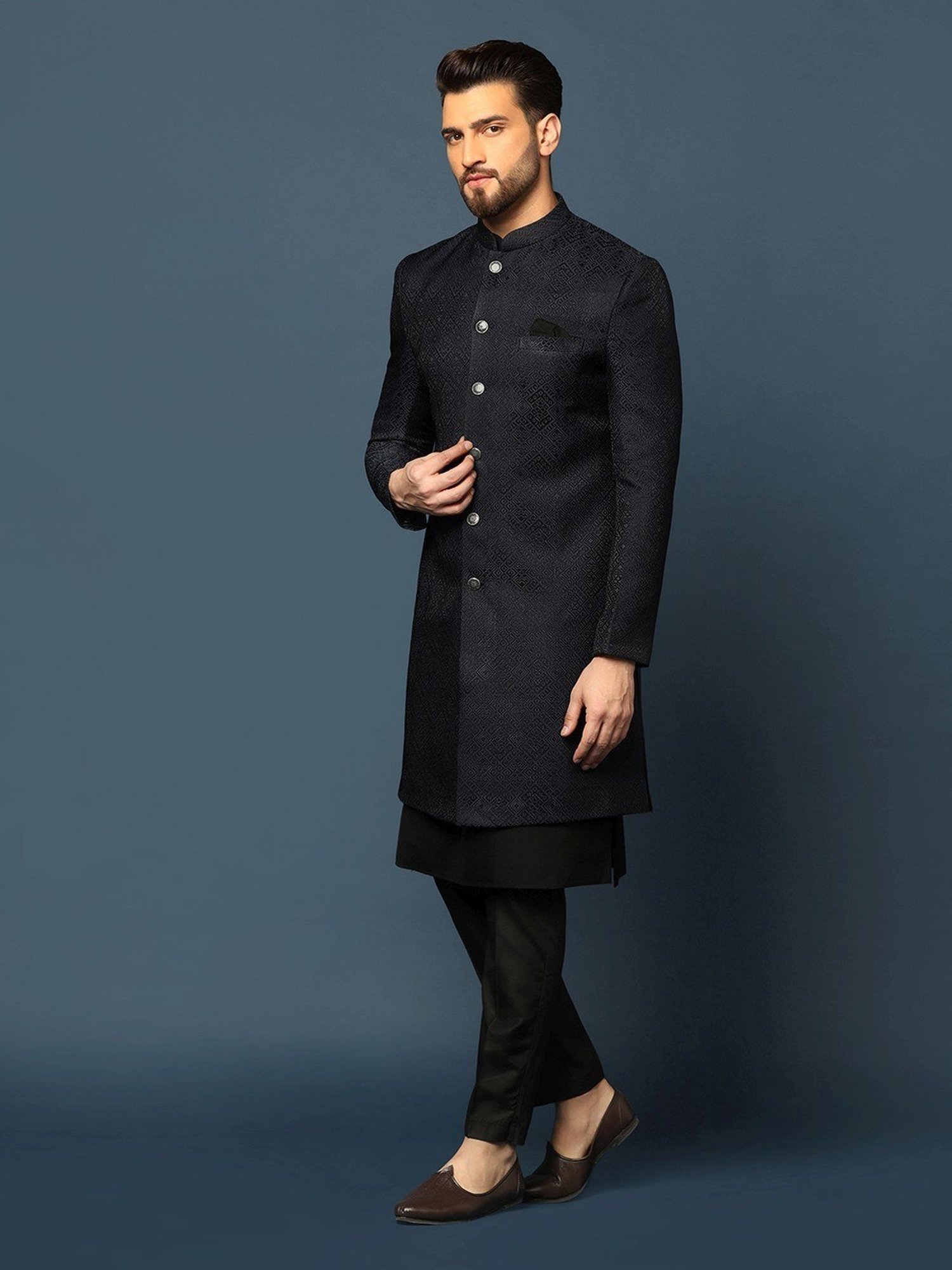 KISAH Navy Cotton Regular Fit Self Pattern Sherwani Set