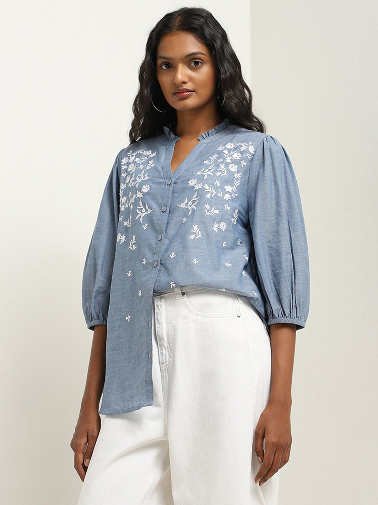 LOV by Westside Blue Floral Embroidered Cotton Top
