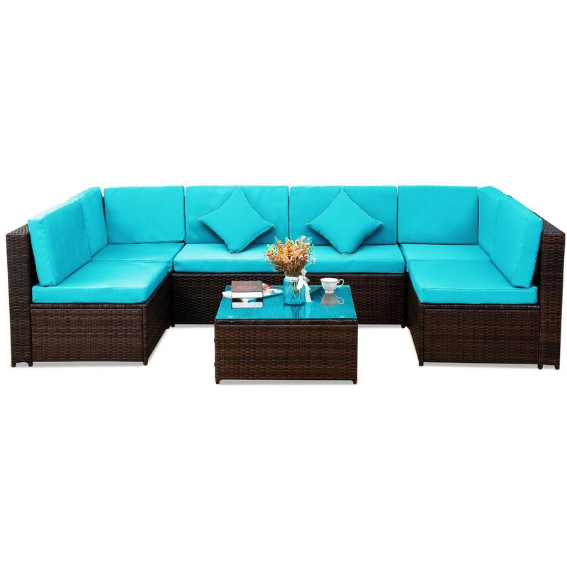7pc Rattan Wicker Patio Sectional Set with Cushions & Pillows - Art Leon