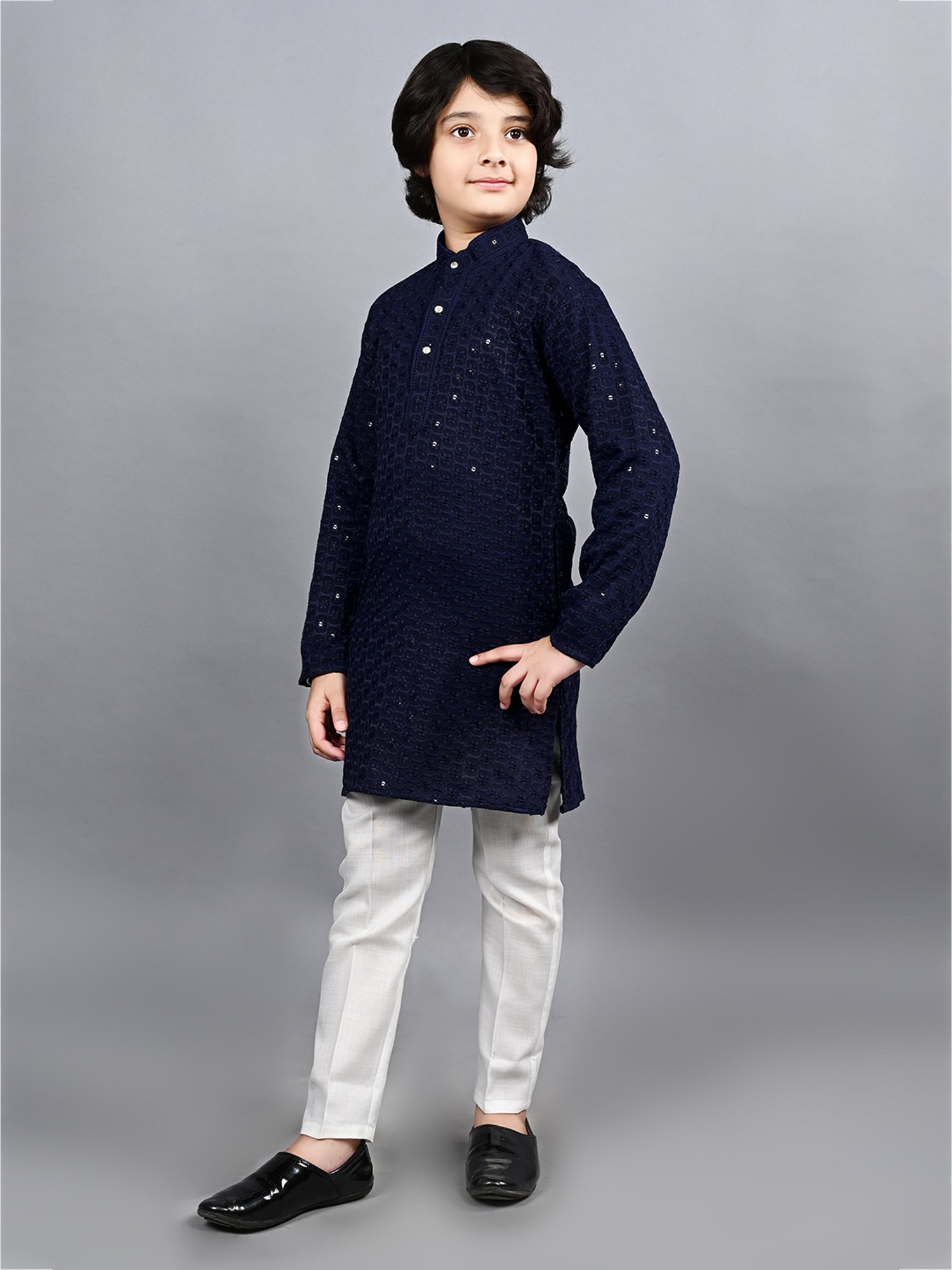 Ahhaaaa Kids Navy & White Embellished Full Sleeves Kurta With Pyjamas