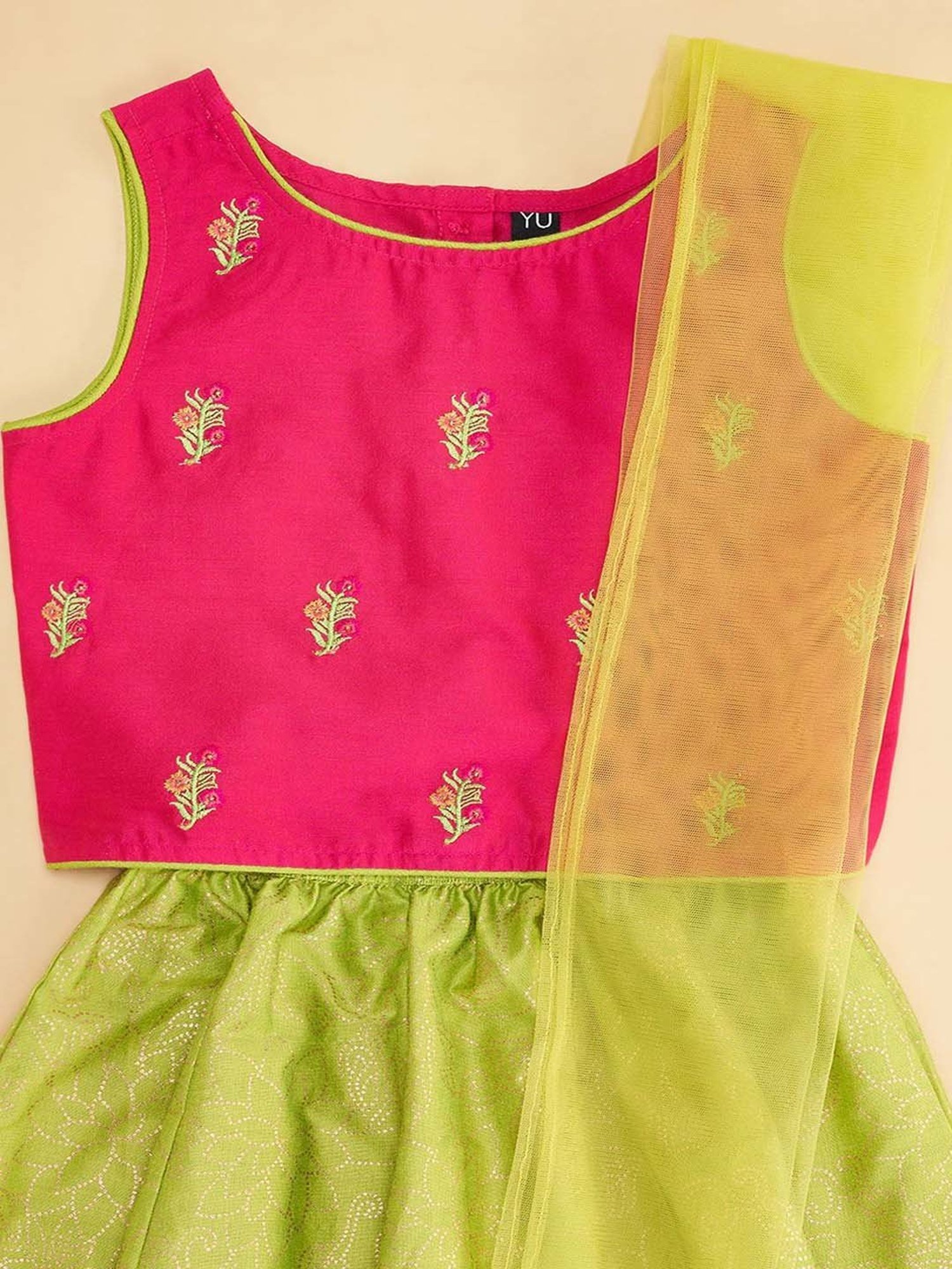 YU by Pantaloons Kids Pink & Lime Green Embroidered Lehenga Cholis