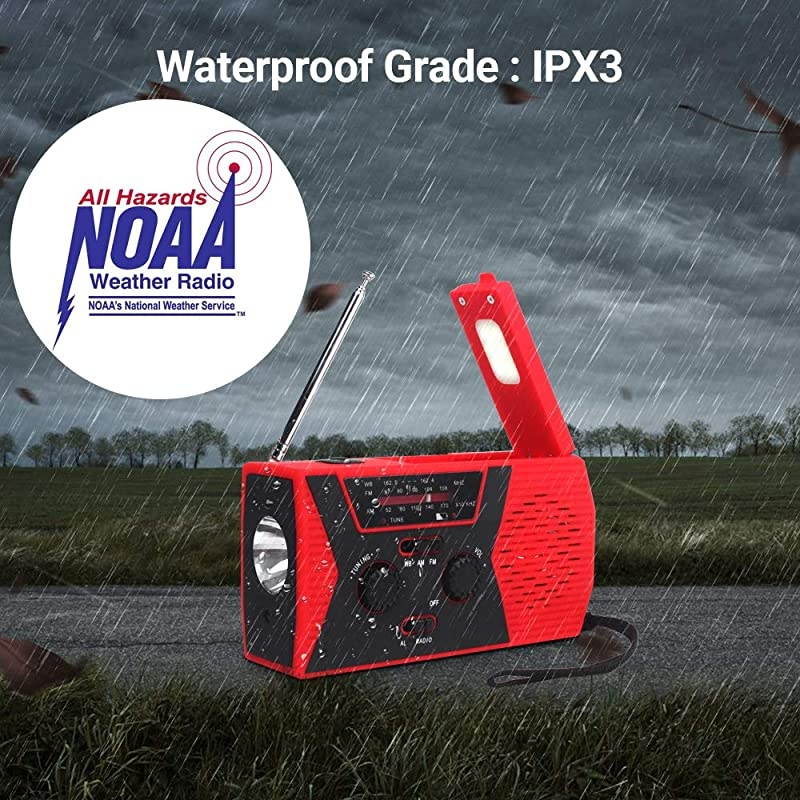 SOS 2000mAh Emergency Solar Hand Crank Portable Radio,NOAA Weather Radio for Household and Emergency with AM/FM,LED Flashlight,Reading Lamp,USB Charger,Battery Indicator (Red 1)