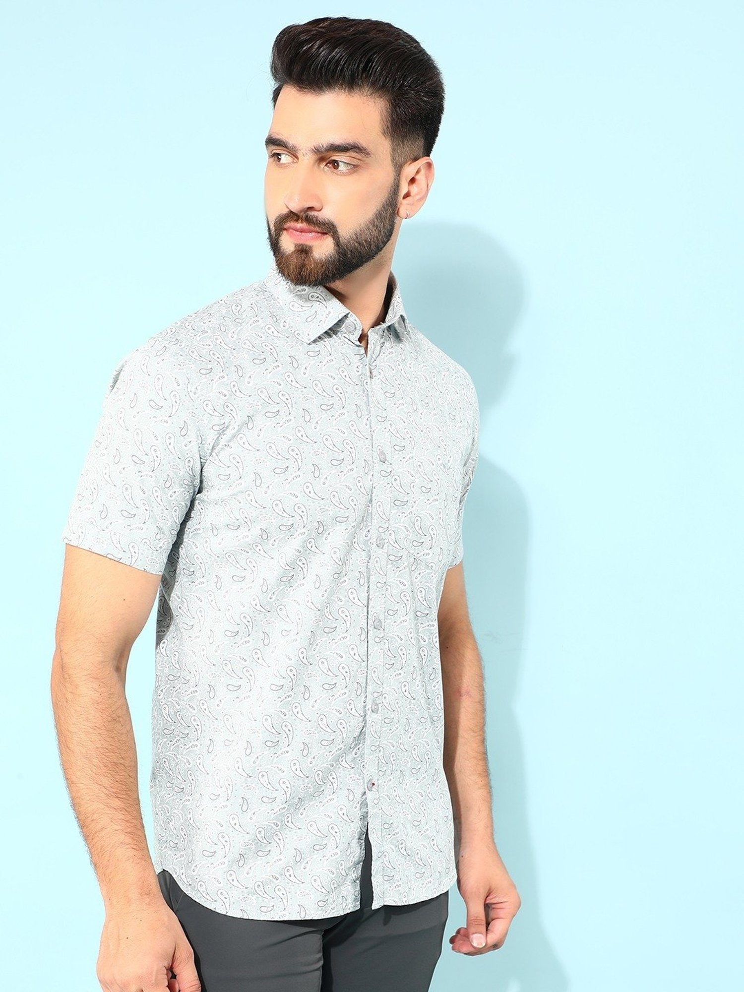 Crimsoune Club Grey Cotton Slim Fit Printed Shirt