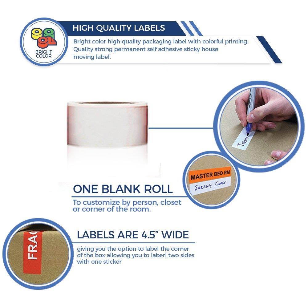 800 Home Moving Labels - Colored Label Supplies for Boxes, Packing & Box Stickers (16 Rolls, 4 Bedroom House) with 1 Empty White Label Roll for Customization