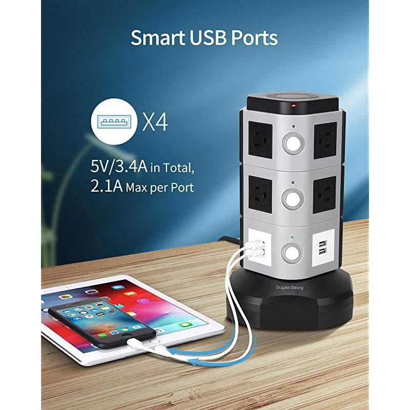 Power Strip Tower with 10W Wireless Charger Surge Protector Tower 3000W 13A with 10 Outlet + 4 USB Ports and 65ft Retractable Cable Desktop Charging Station for Home Office Dorm