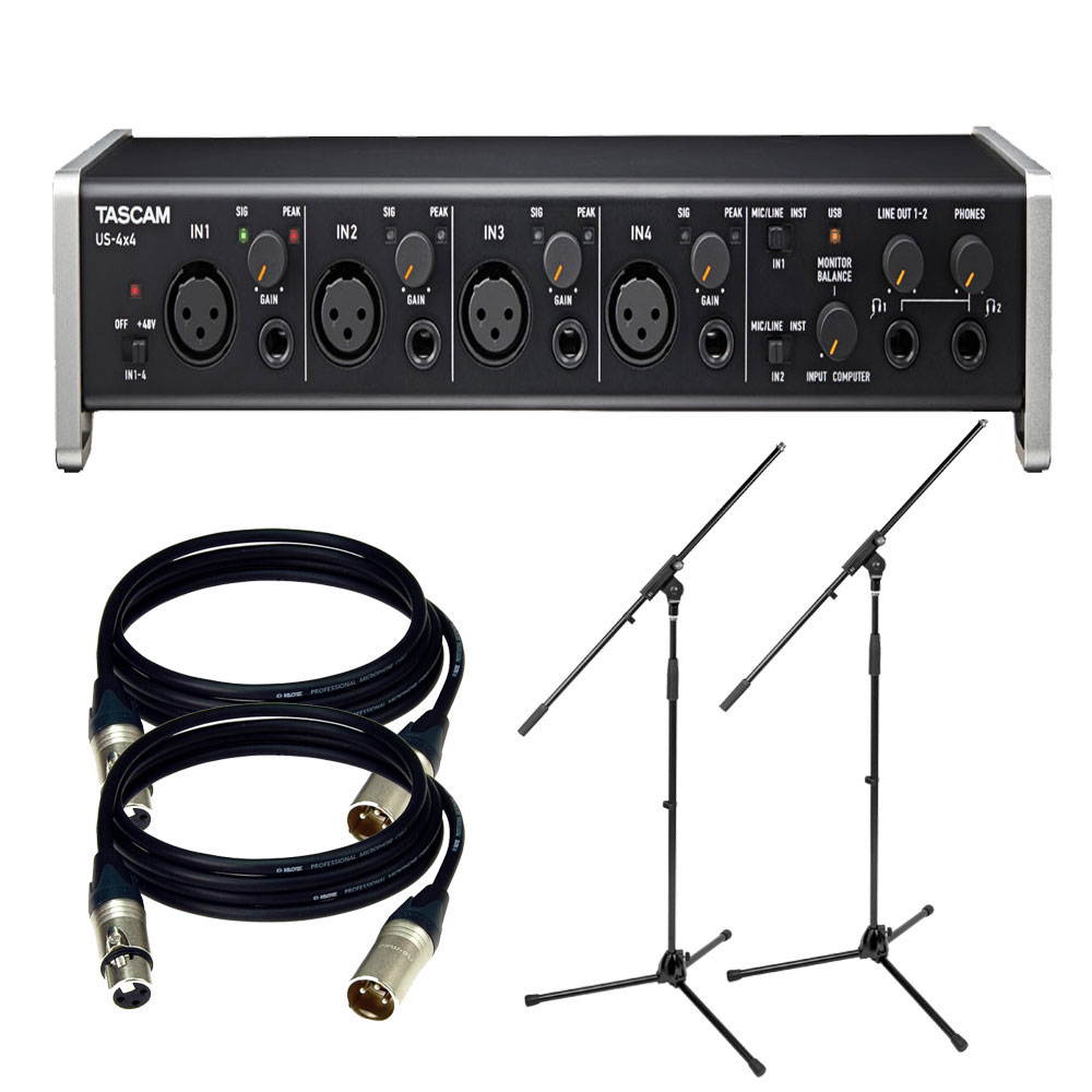 TASCAM US-4x4 USB Audio Interface. W/ 2 XLR Cables and 2 MIC Stand