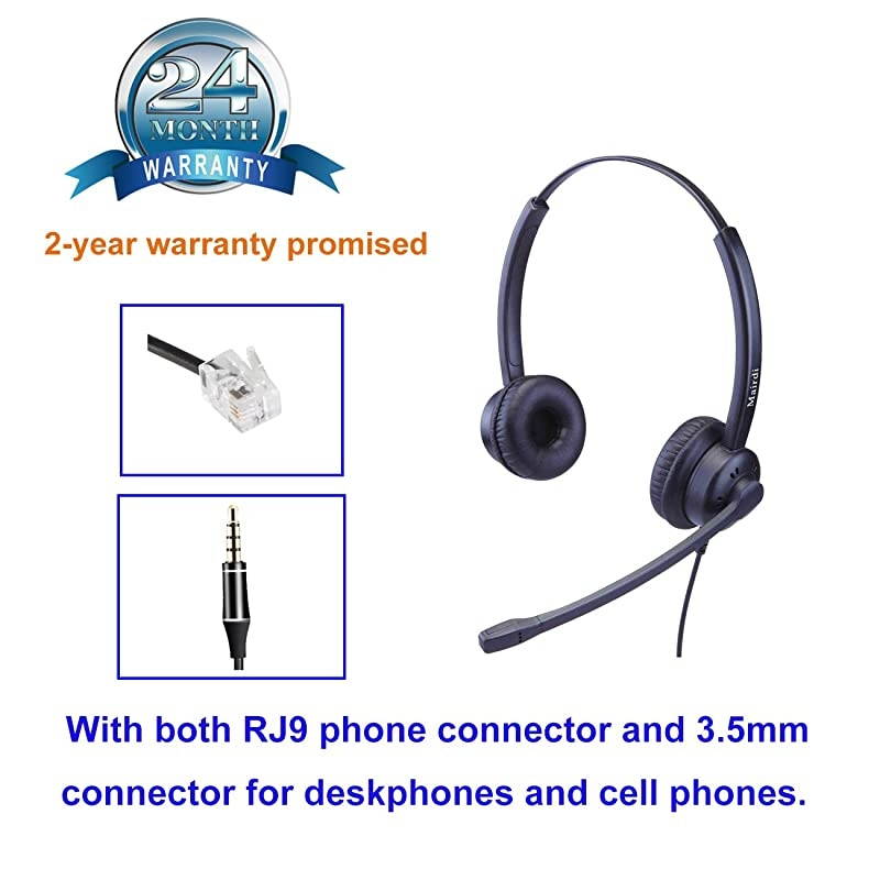 Headset with Noise Canceling Microphone, Including RJ9 & 3.5mm Connectors for Landline Deskphone and Smartphone PC Laptops, Call Center Office Headset for Yealink Grandstream Snom