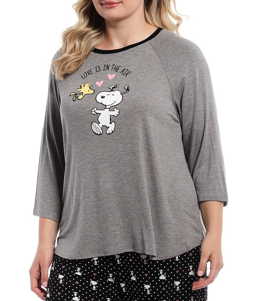 Peanuts Plus Size Snoopy #double;Love Is In The Air#double; Embroidered Jersey Knit Coordinating Sleep Top