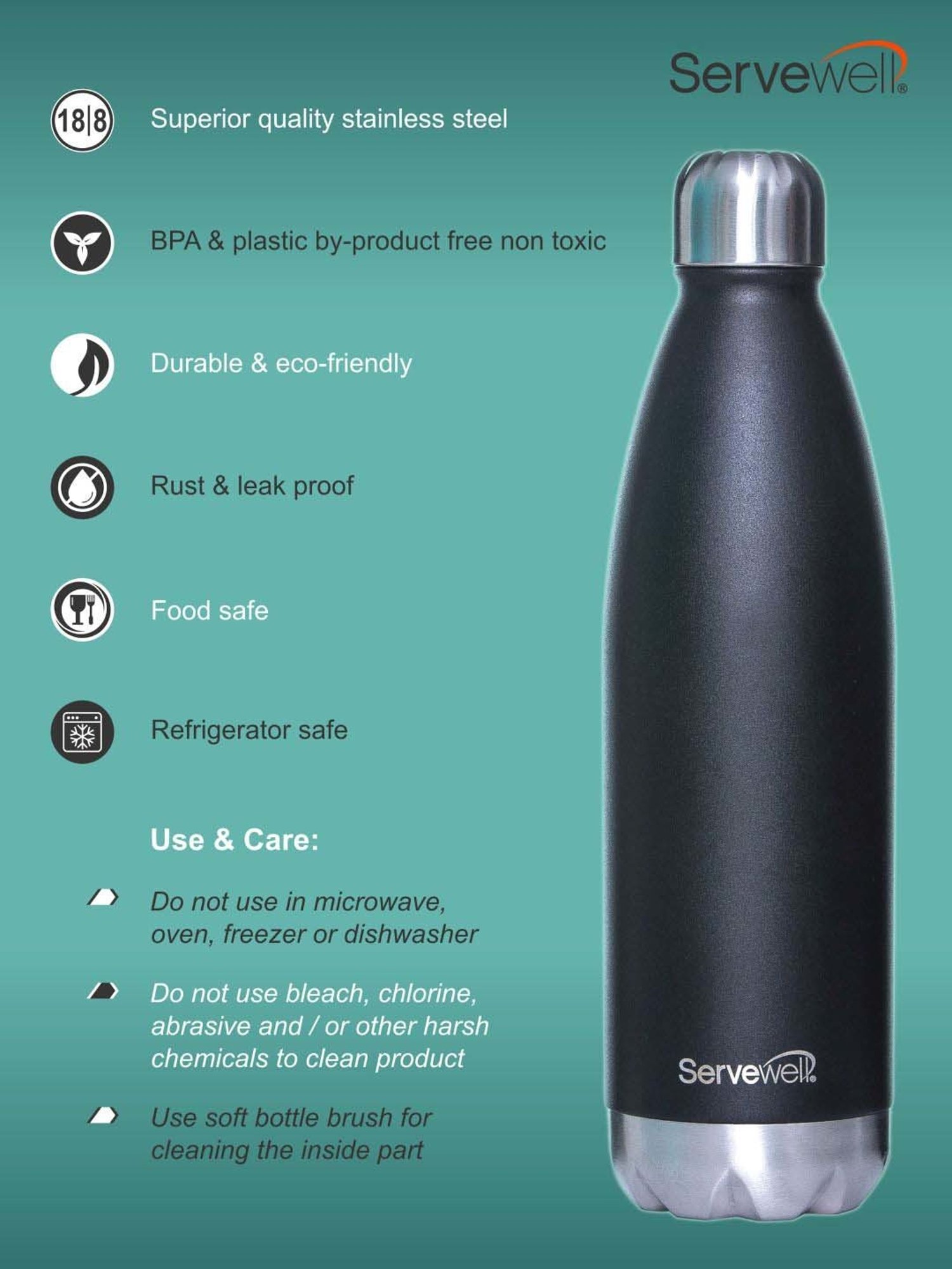Servewell Jet Black Steel Bali Single Wall Water Bottle (1 L)