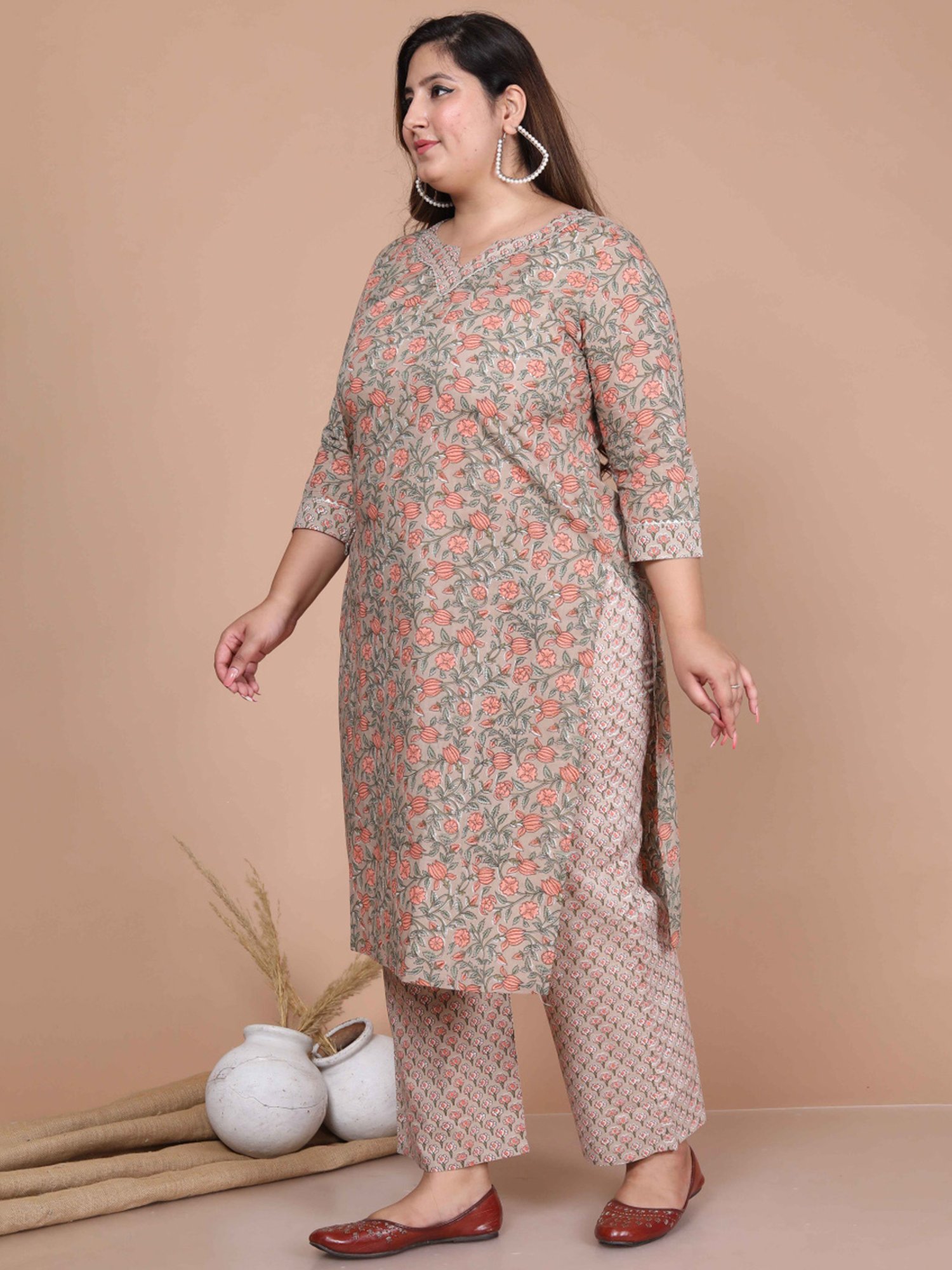 Miravan Beige Cotton Floral Print Kurta Palazzo Set