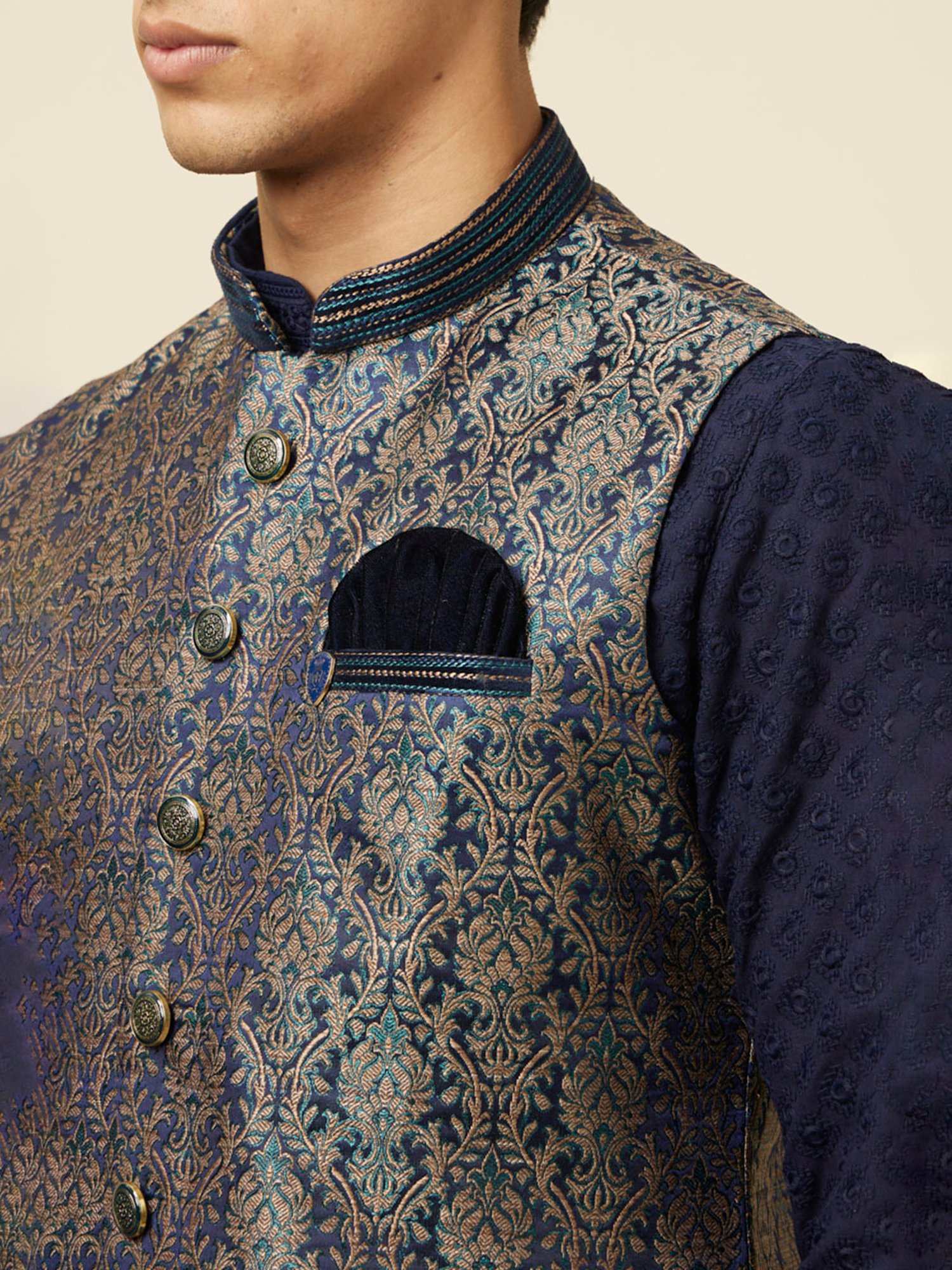 Manyavar Navy Regular Fit Embroidered Nehru Jacket