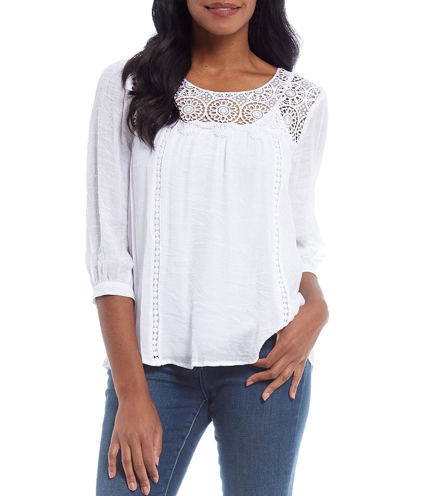 Figueroa & Flower Sadie Lace Yoke 3/4 Peasant Sleeve Popover Blouse