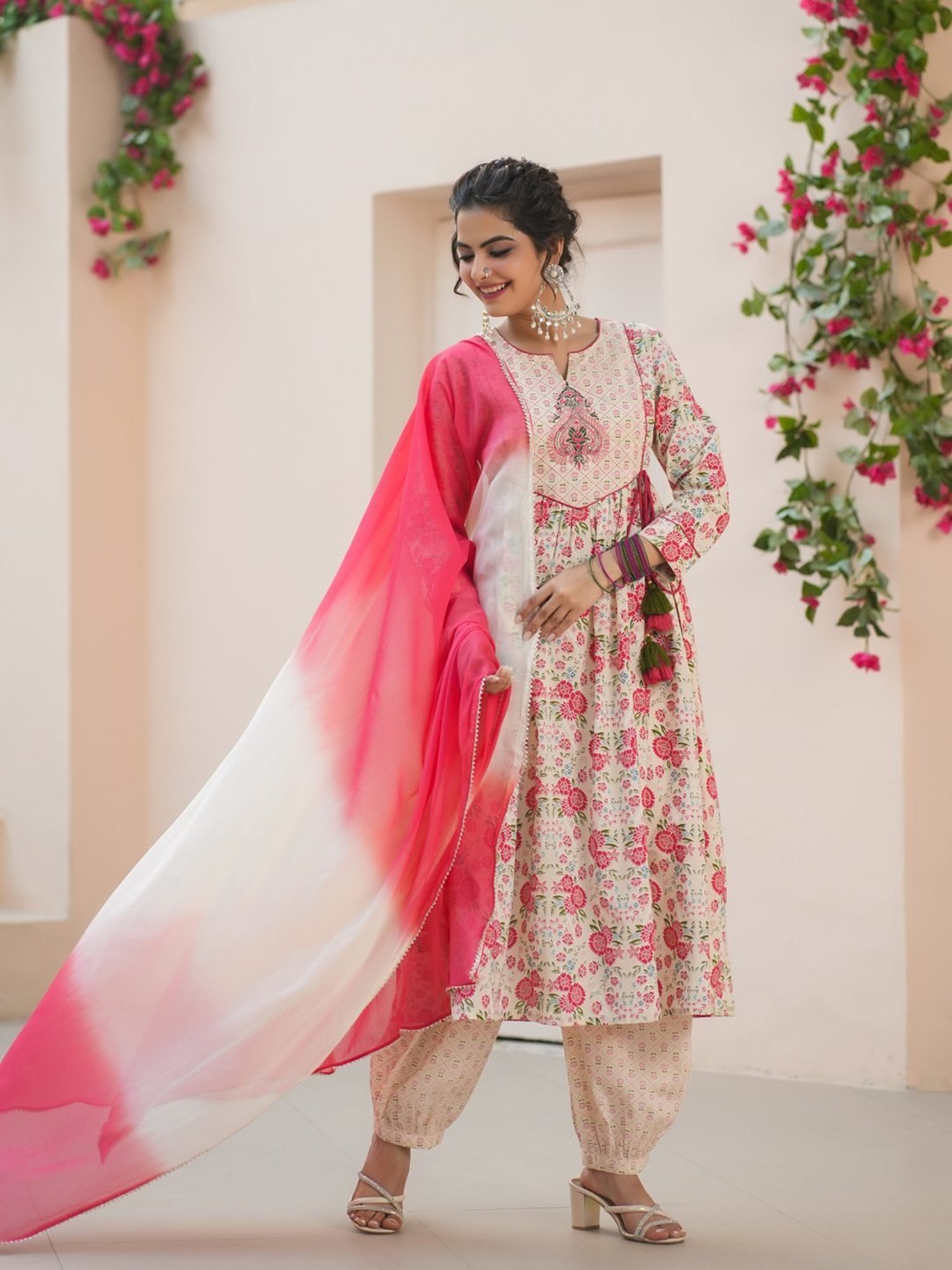 Rain and Rainbow Cream Cotton Embroidered Kurta & Salwar Set With Dupatta